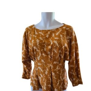 Anthropologie Mustard Floral Pleated Waist Peplum Blouse with Belt
